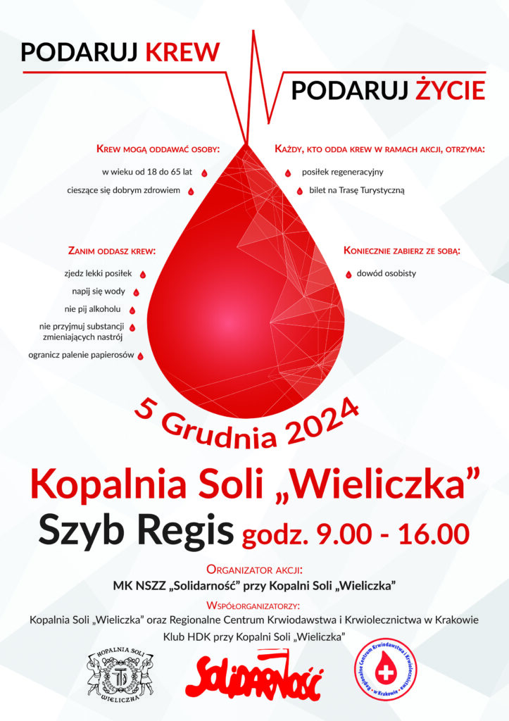 Plakat akcji. Czerwona kropla na białym tle otoczona napisami - informacje o terminie zbiórki, godzinie, miejscu, organizatorach oraz podstawowych zasadach krwiodawstwa